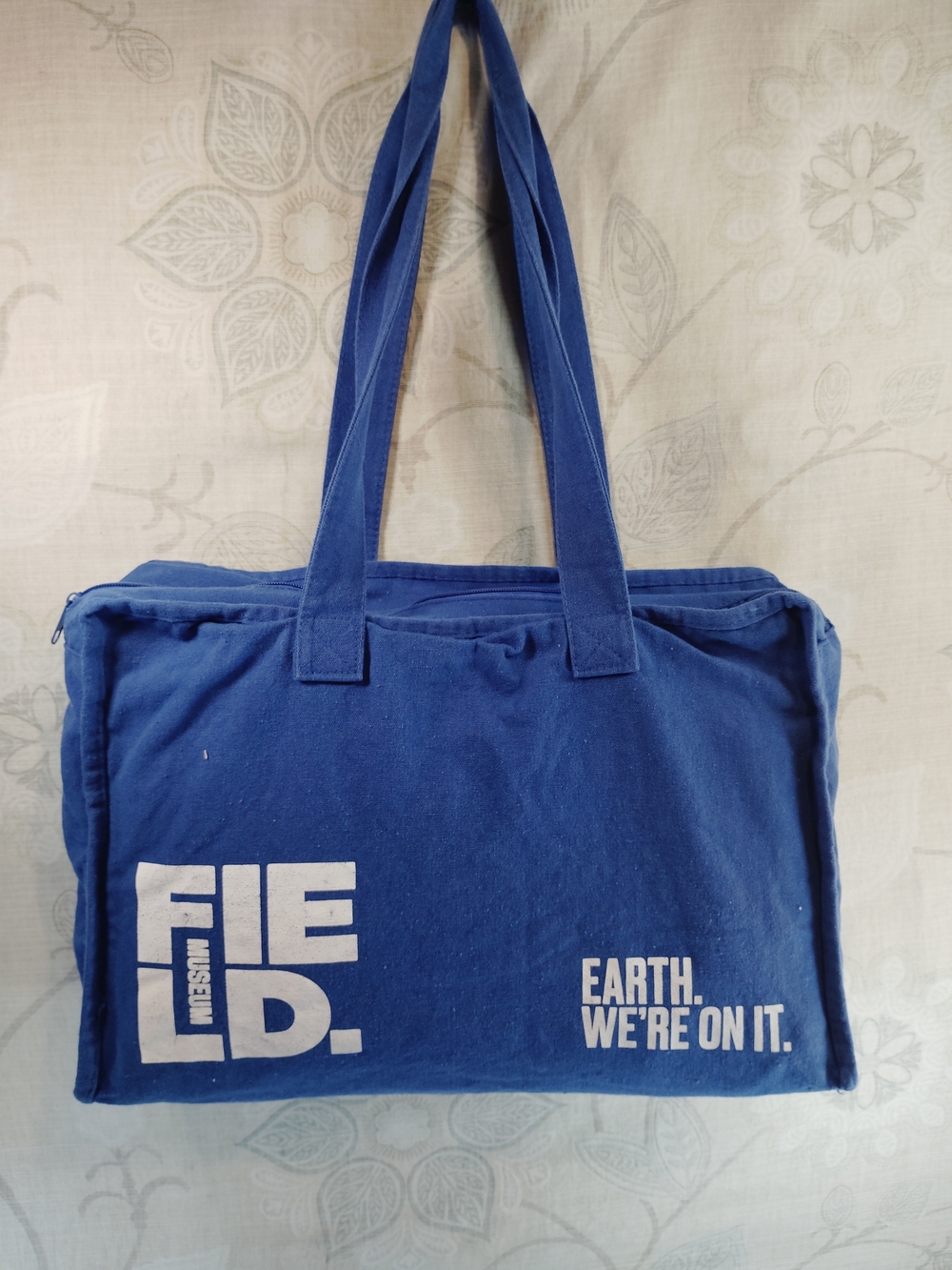 Field Museum Blue Canvas Member Shoulder Tote Bag with White Print
